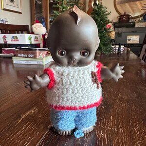 Vintage Kewpie Doll Dark Skin 7.5" Made In Korea W/ Handmade Knit Clothes - Rare